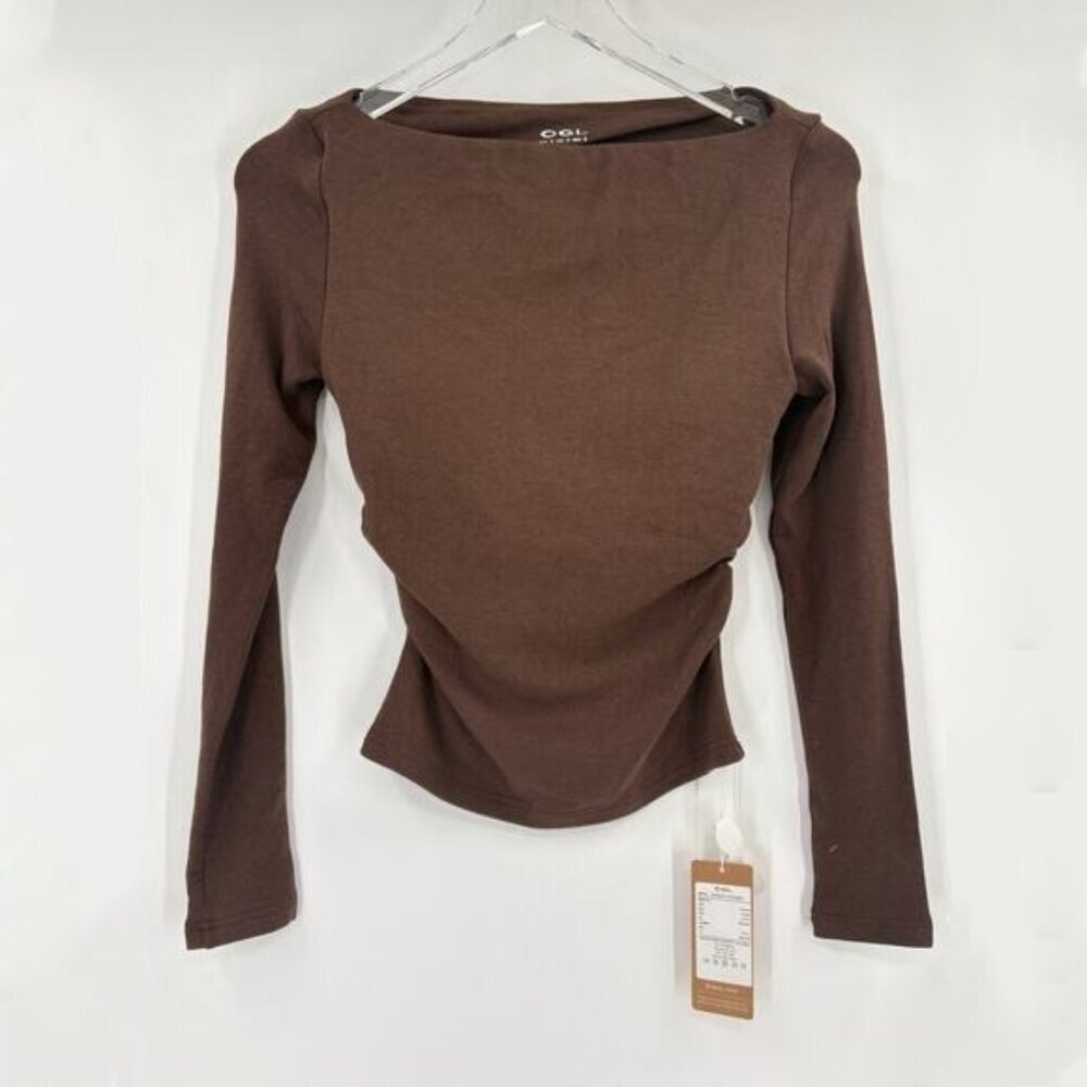 NWT OGL Espresso Brown Modern Side Ruched Boatneck Brami Top XS - Picture 4 of 16